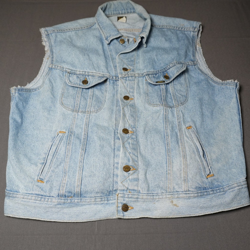 Vintage 80s Lee Denim Vest XL Light Wash Cutoff Sleeves Made in USA